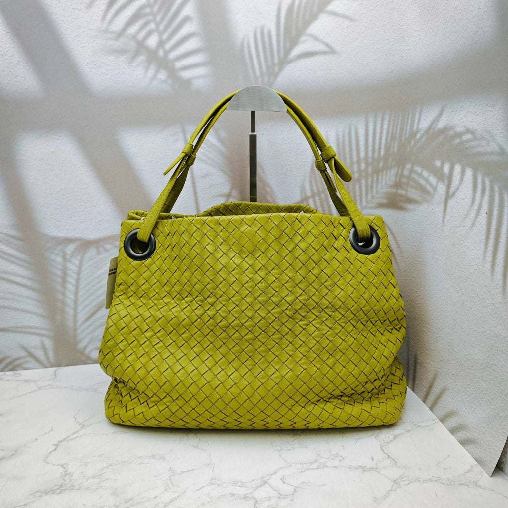 Bottega Veneta Yellow Green Woven Leather Shoulder Handbag For Women