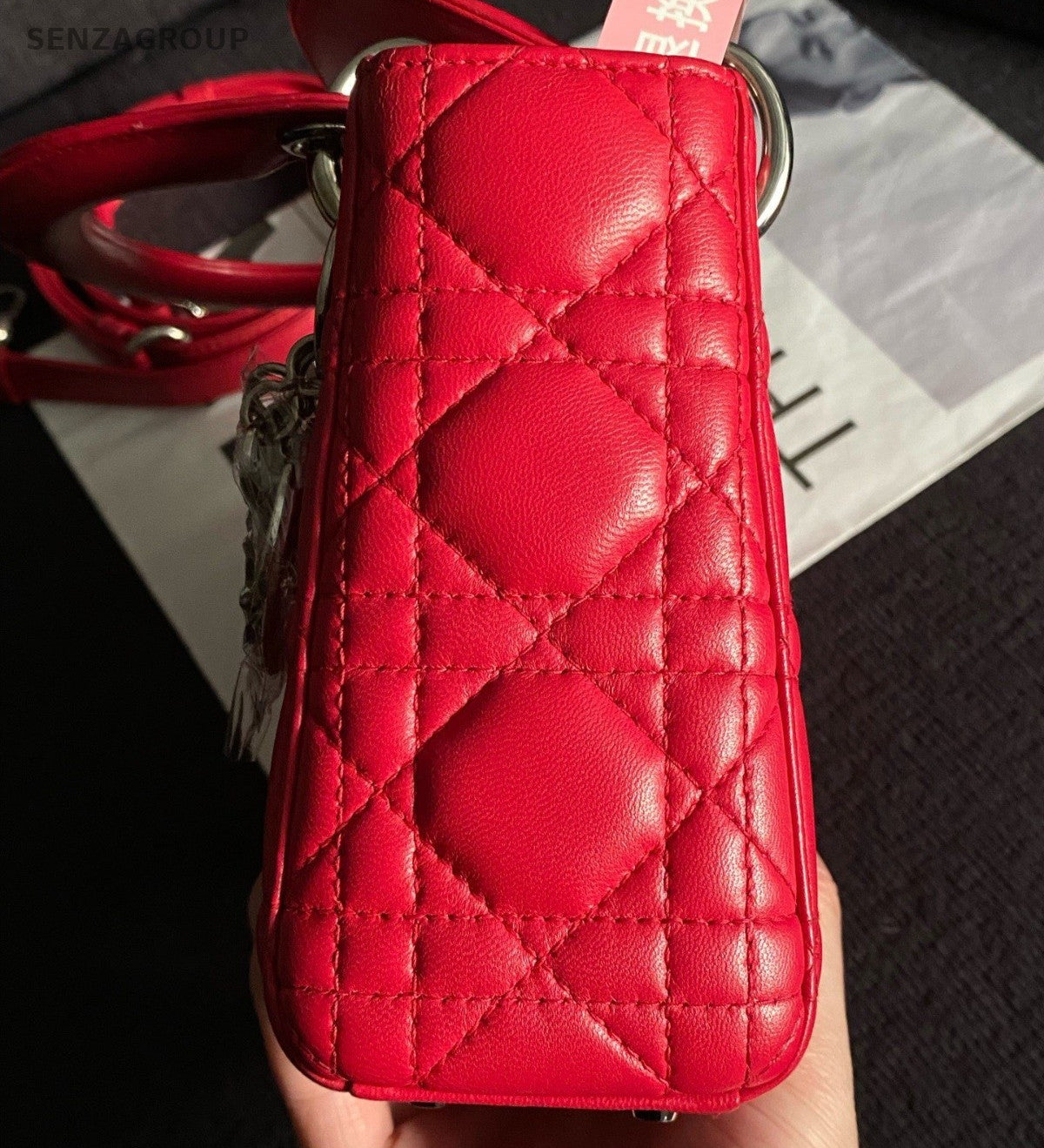 Christian Dior Lady Dior 2Way Top Handle Bag Crossbody Red Silver Women Classic