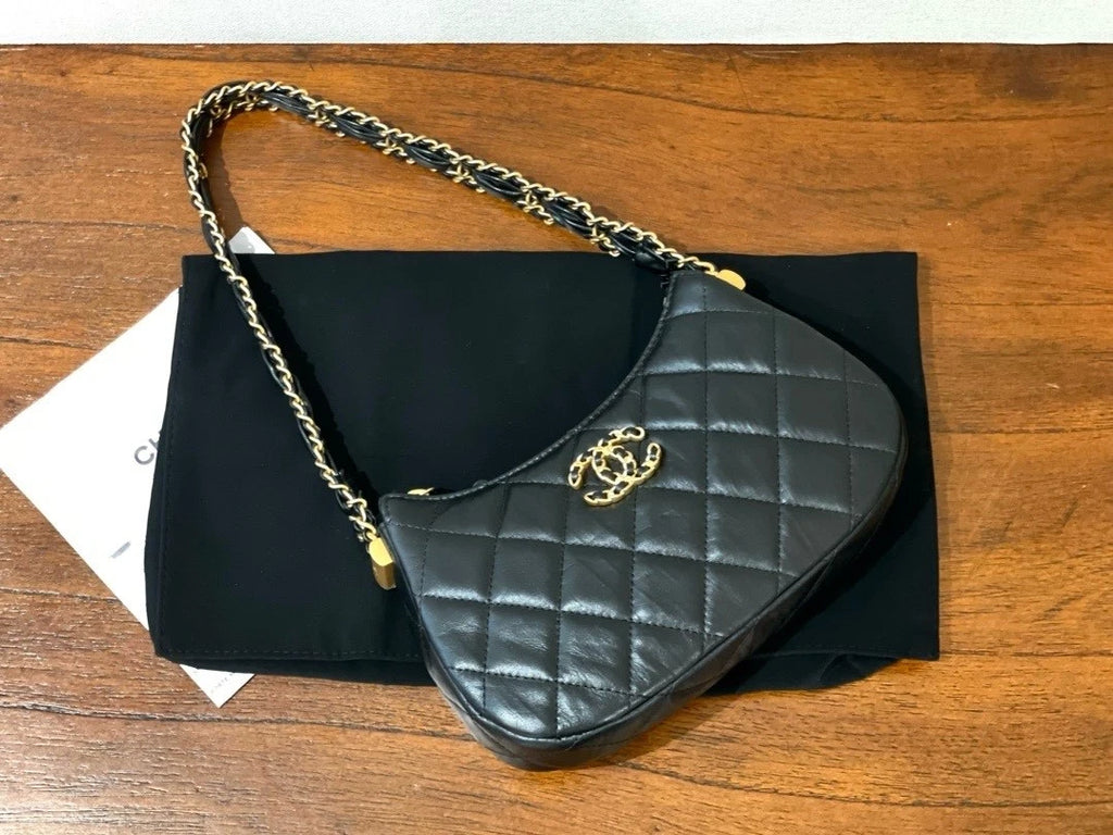 CHANEL Small Hobo Shoulder Bag Black Gold For Women