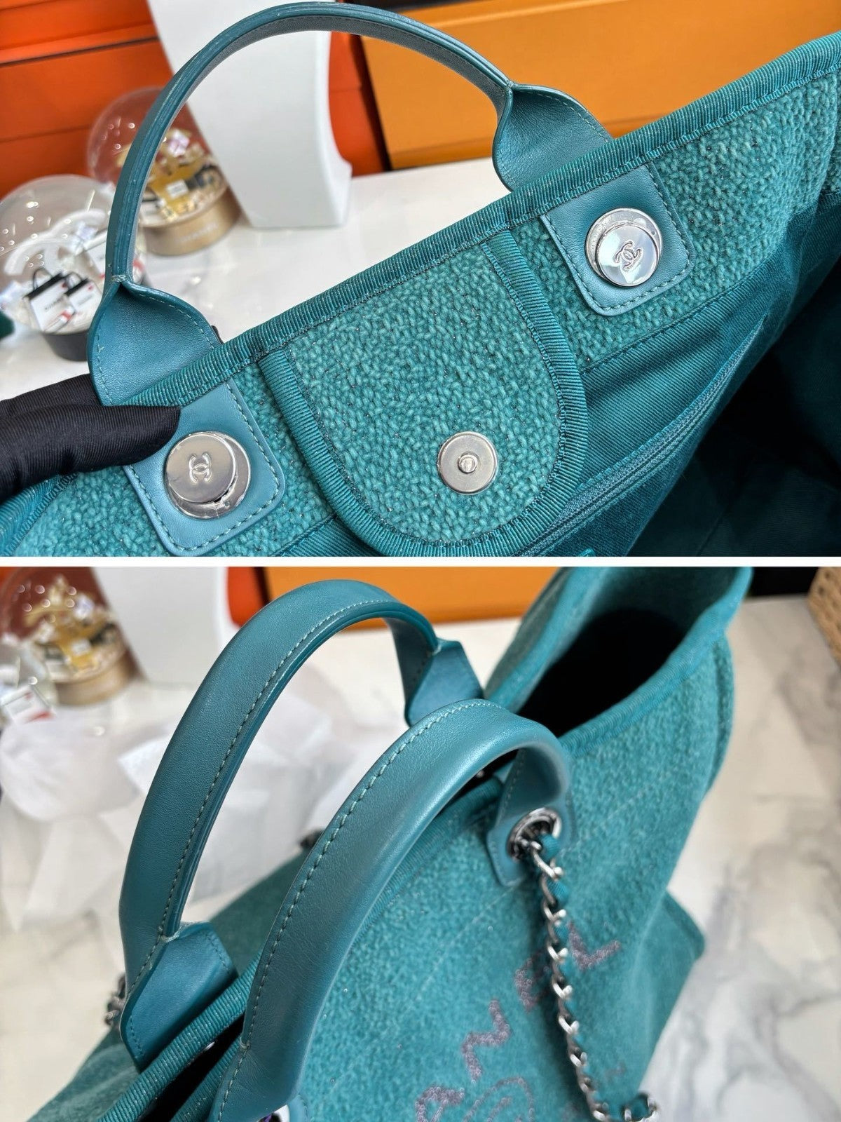 Chanel Beach Tote Top Handle Shoulder Bag Green Women Classic