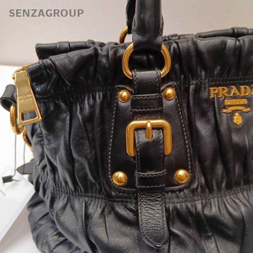 Prada Nappa Tote Black Gold Shoulder Bag Crossbody Used Women Classic Designer