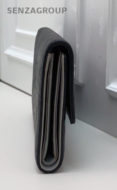 Chanel Printed Embossing Long Wallet Black Silver Used Women Classic Designer