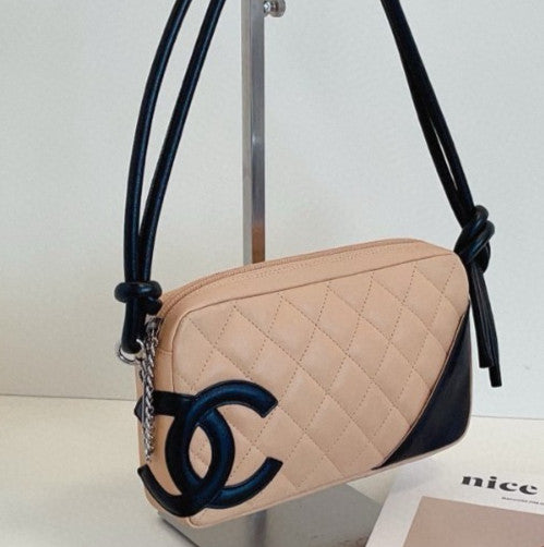 Chanel Cambon Line CC Logo Shoulder Bag Brown Silver Women Classic Diamond