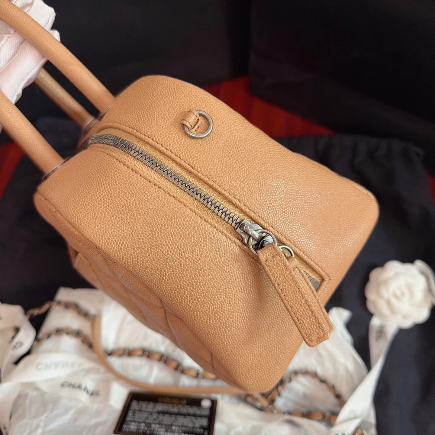 Chanel Calfskin Chain Top Handle Crossbody Beige Silver Women Classic Diamond