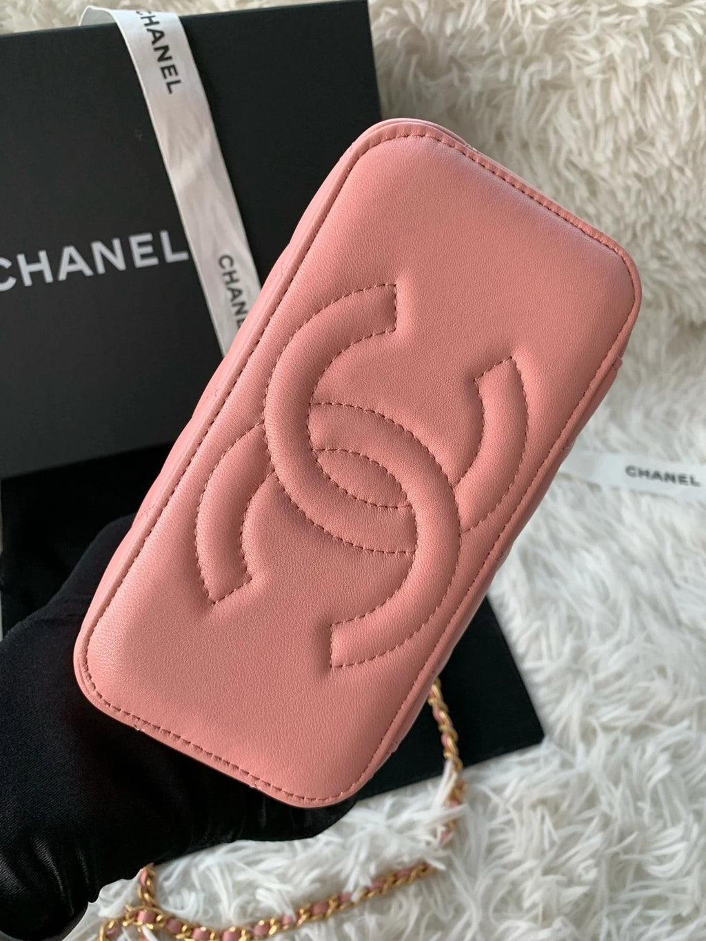 CHANEL Coral Pink Lambskin Gold Ball Long Box Shoulder Crossbody Women