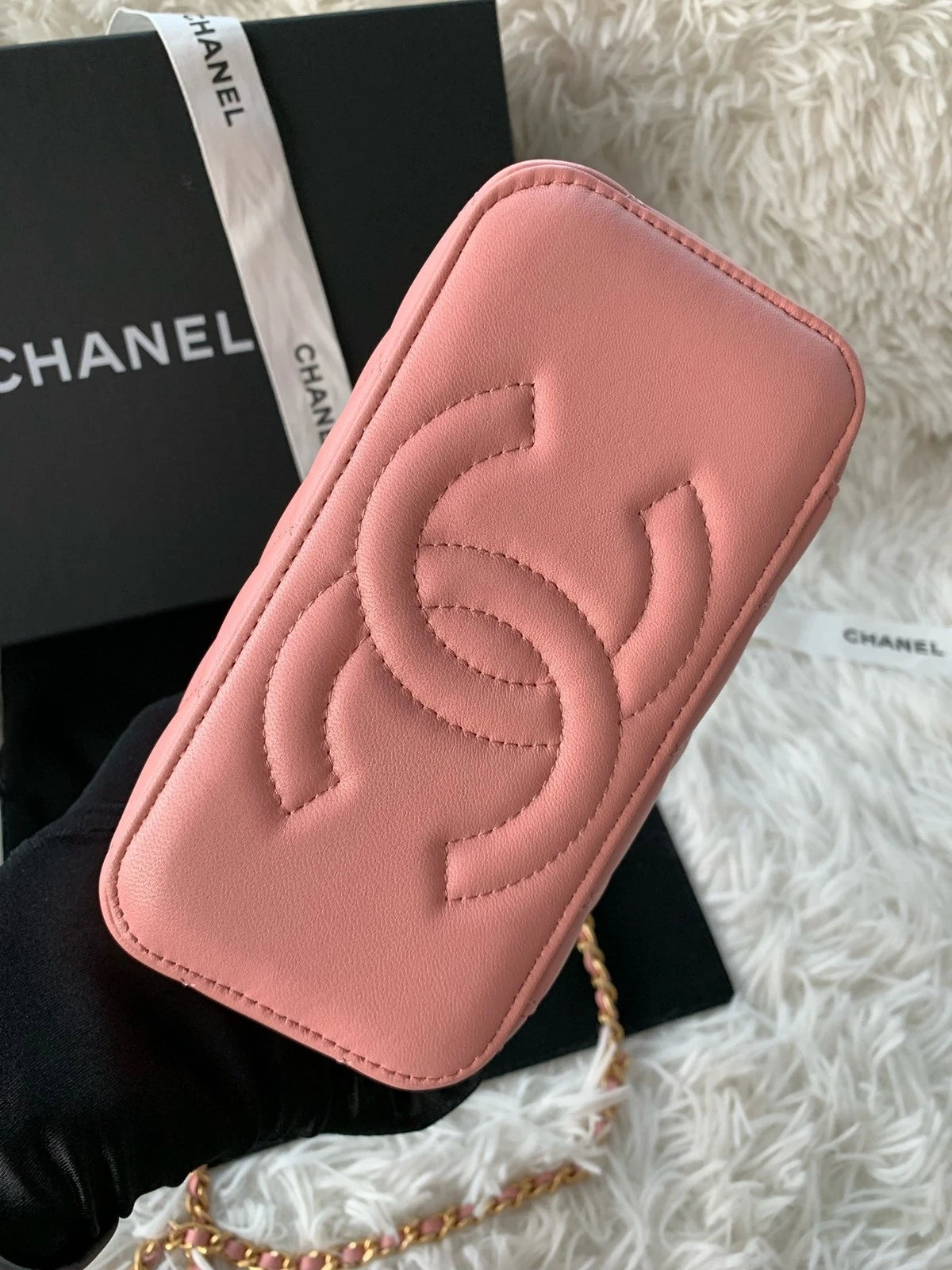 CHANEL Coral Pink Lambskin Gold Ball Long Box Shoulder Crossbody Women