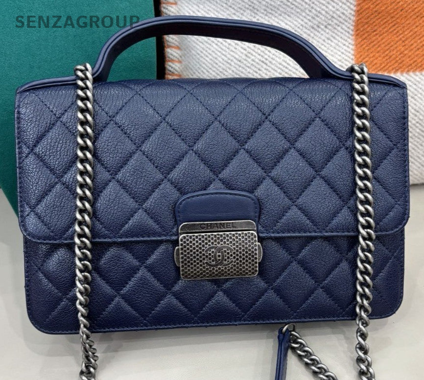 Chanel Vintage Chain Shoulder Bag Crossbody Blue Silver Used Women Classic