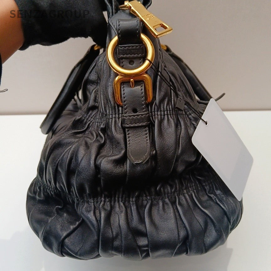 Prada Nappa Tote Black Gold Shoulder Bag Crossbody Used Women Classic Designer
