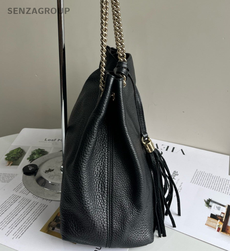 GUCCI SOHO GG Logo All Leather Chain Shoulder bag Black Women