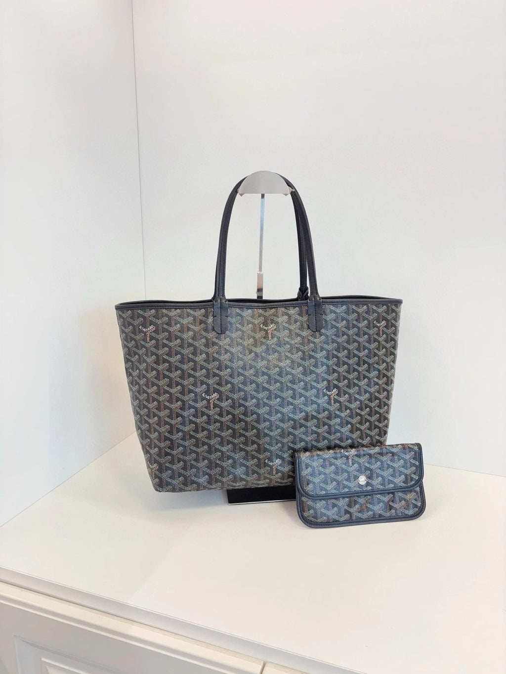 Goyard Saint Louis PM Tote Bag Black Coated Canvas Leather Trim Pouch Included