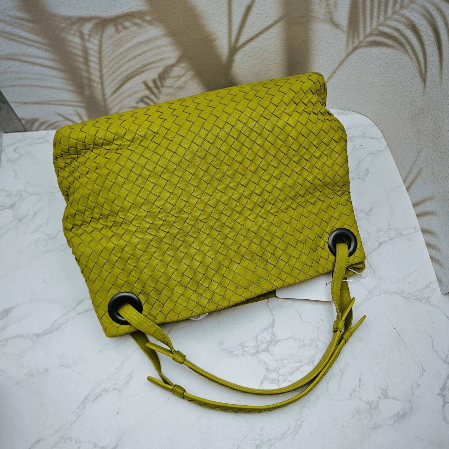 Bottega Veneta Yellow Green Woven Leather Shoulder Handbag For Women