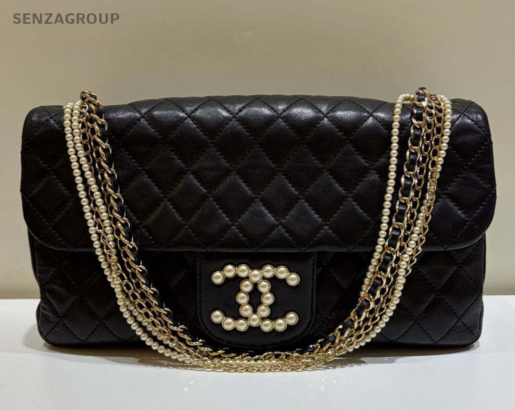 Chanel Diamond Pearl Chain Shoulder Bag Black Gold Used Women Classic Fashion