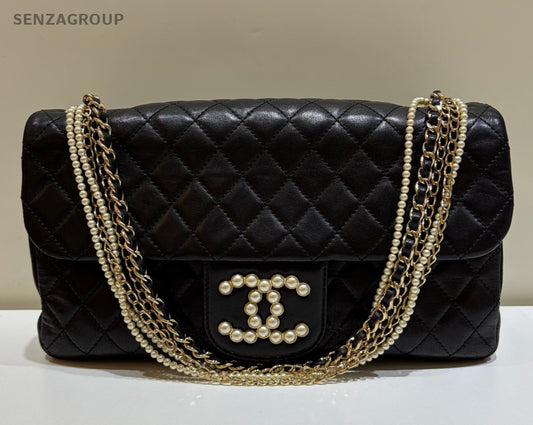 Chanel Diamond Pearl Chain Shoulder Bag Black Gold Used Women Classic Fashion