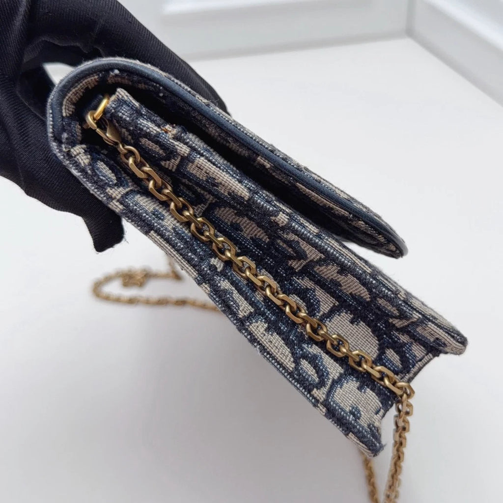 Christian Dior Oblique Canvas WOC Gold Chain Navy Shoulder Bag Crossbody