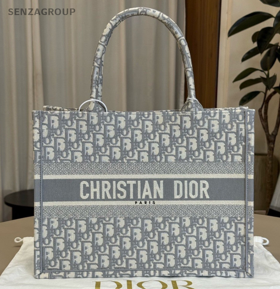 Christian Dior Book Tote Oblique MM Top Handle Bag Gray White Women Classic