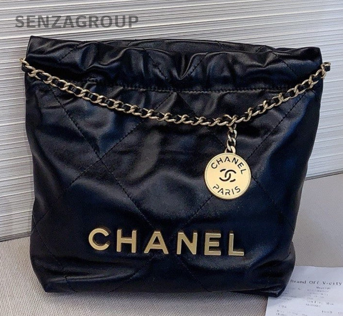 Chanel 22 Mini Calfskin Chain Shoulder Bag Black Gold Women Classic Vintage