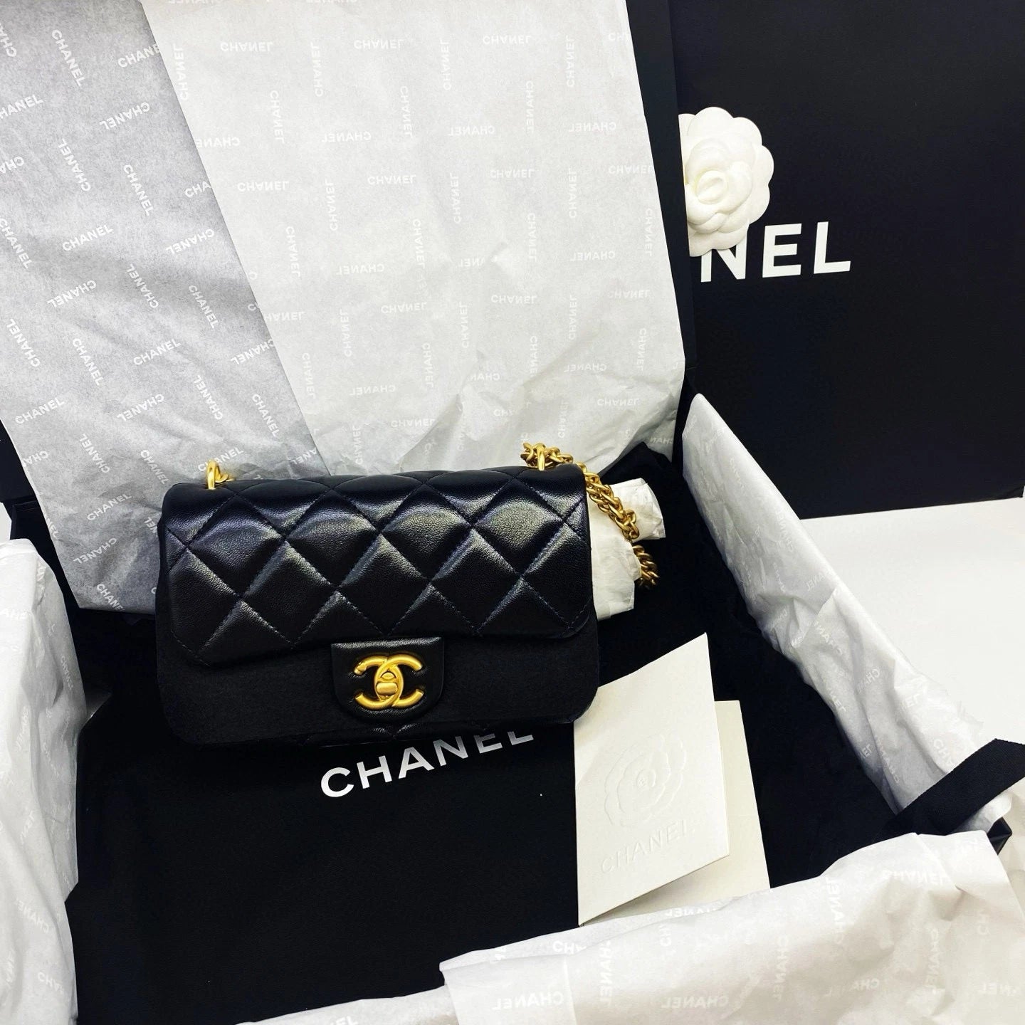 CHANEL Black Lambskin Mini Crossbody Bag Gold Heart Buckle For Women