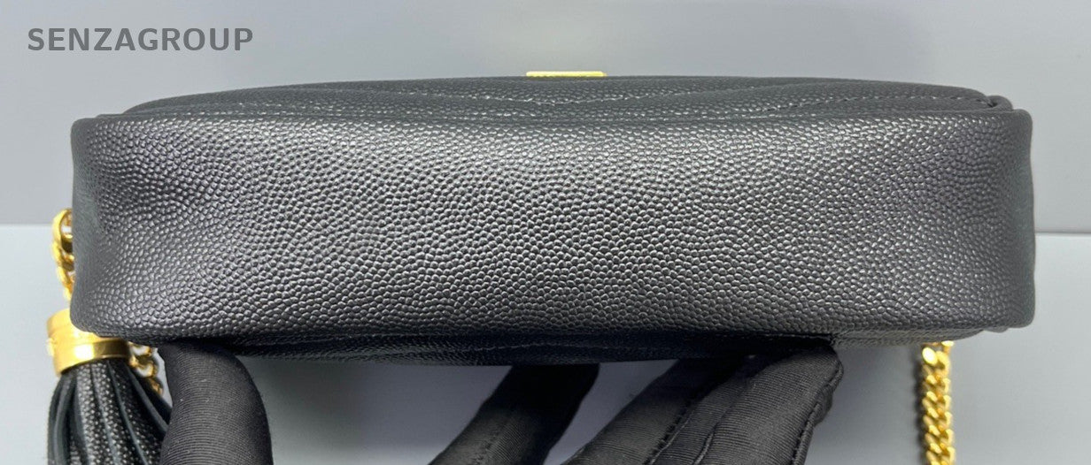 YSL Saint Laurent Tassel Caviar Leather Shoulder Camera Bag Black Women