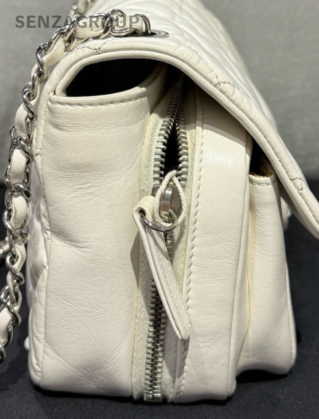 Chanel Classic Flap Chain 2Way Shoulder Bag Crossbody White Silver Diamond