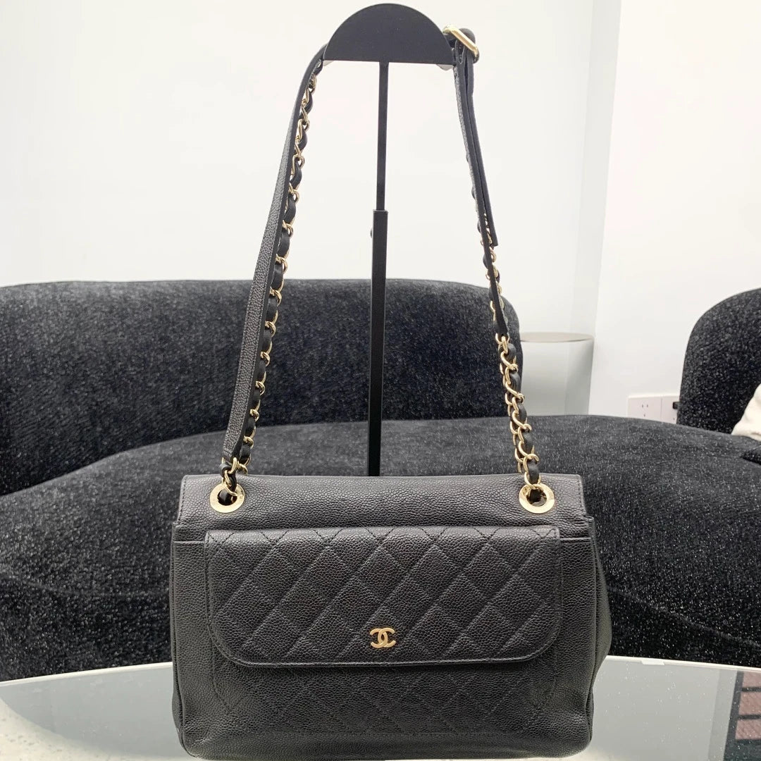 Chanel Calfskin Chain Shoulder Crossbody Bag Black Gold Women Classic S