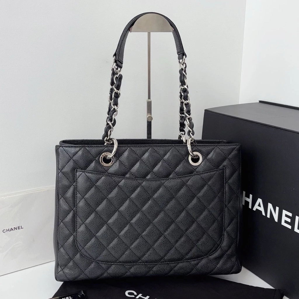 Excellent Chanel GST Calfskin Black Tote Chain Handbag Shoulder Bag CC Logo SHW