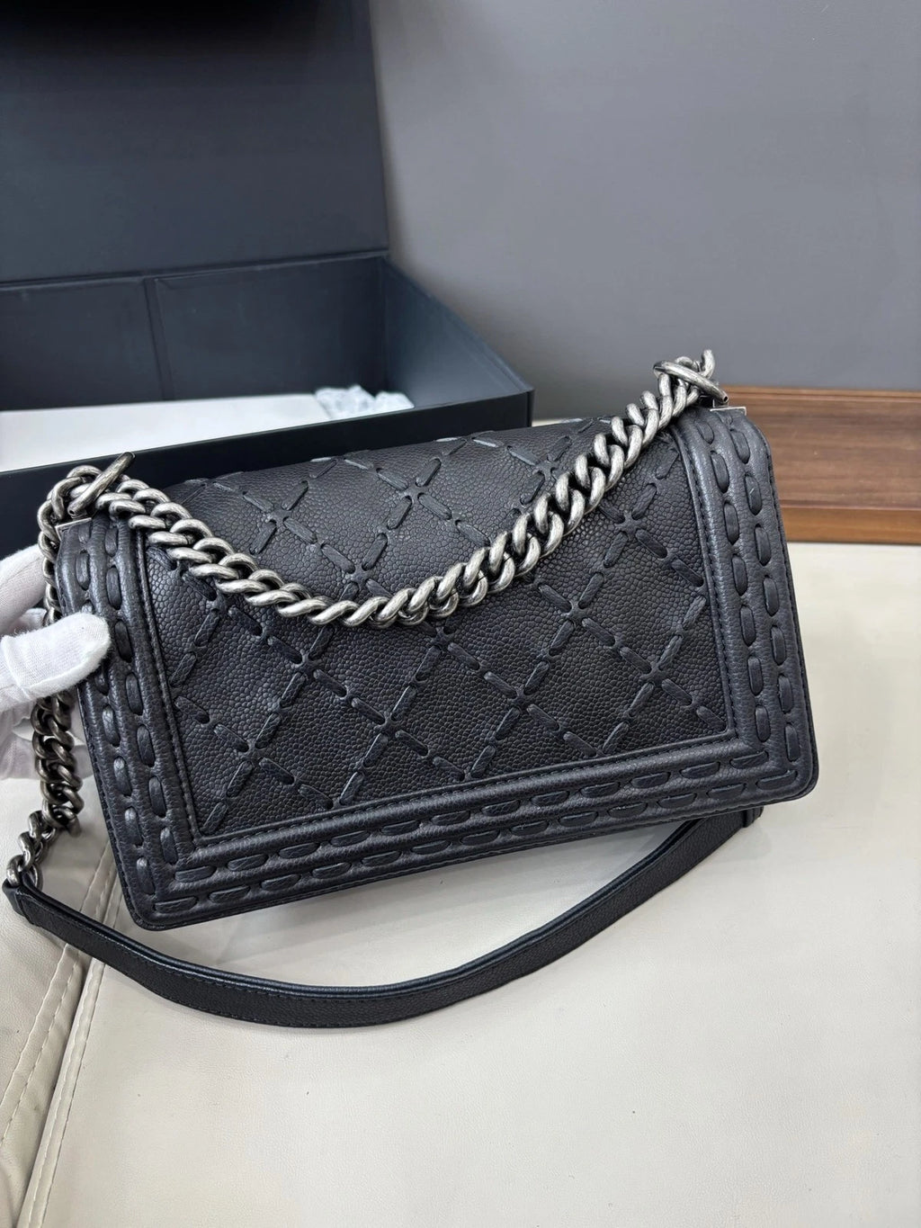 Chanel Le Boy Medium Edition Crossbody Shoulder Bag Black Silver Women Classic
