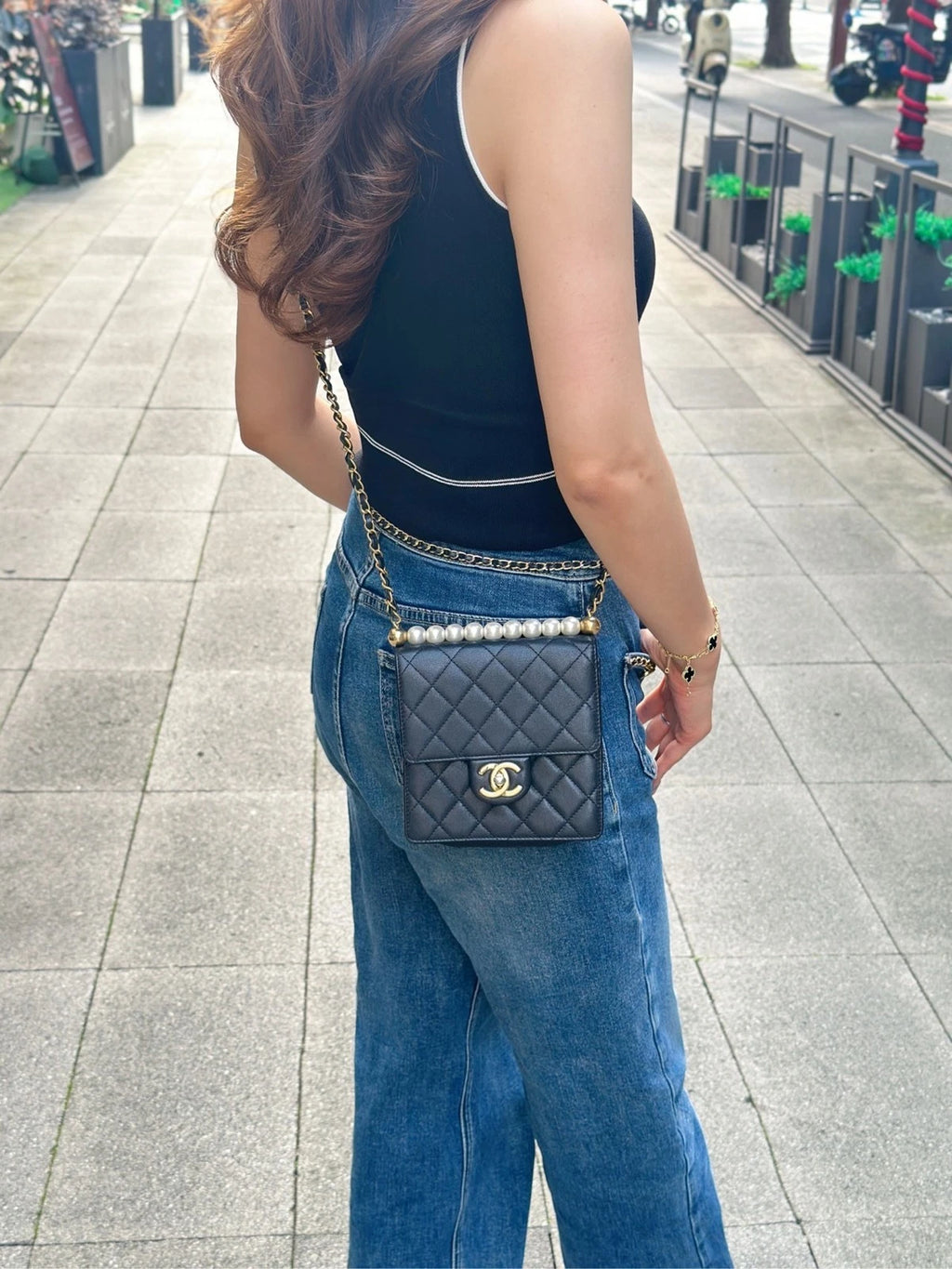 CHANEL Black Gold Lambskin Gold Buckle Pearl Crossbody Bag Women