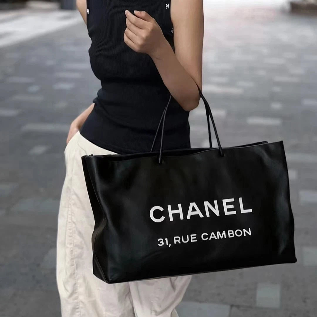 Chanel 31 Rue Cambon Tote Calfskin Handbag Shoulder Bag Black Women Classic
