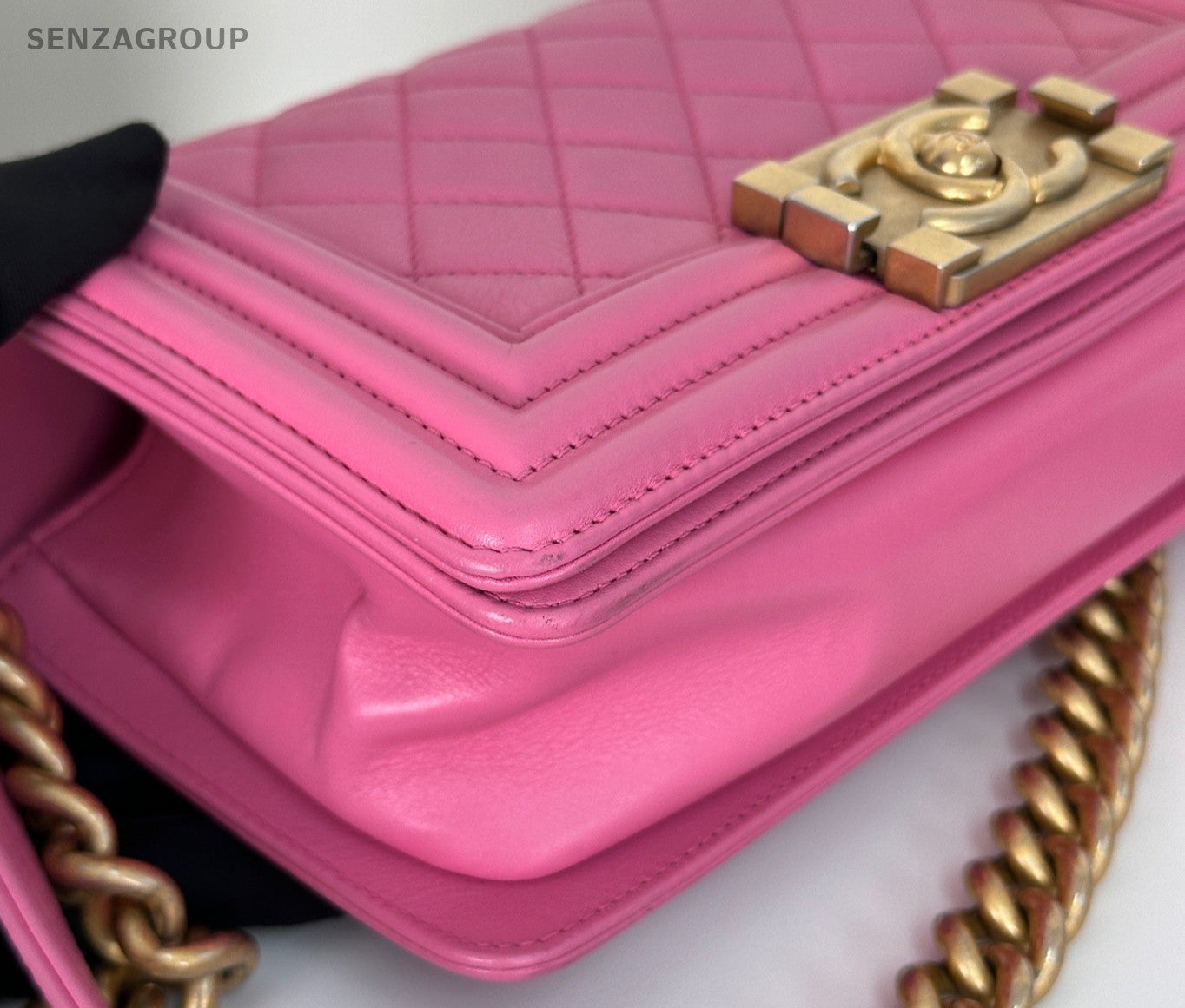 Chanel Leboy Chain Calfskin Shoulder Bag Pink Gold Diamond Women Classic