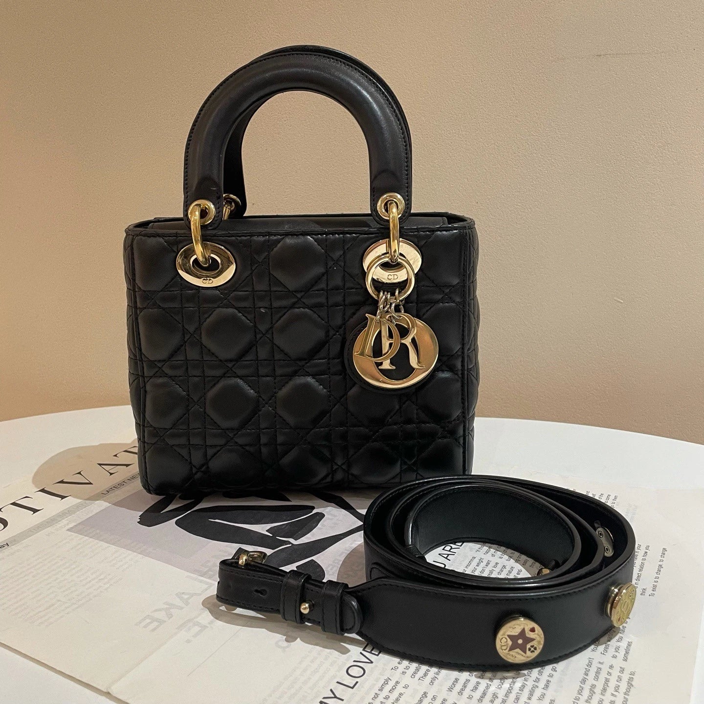 Dior Lady Dior Lambskin Black Gold Shoulder Bag Handbag Excellent