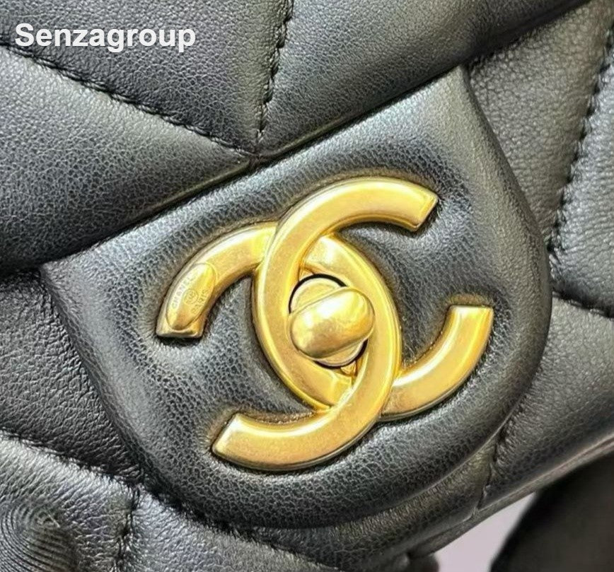 Chanel Classic Flap Lambskin Mini Chain Shoulder Bag Black Gold Diamond Women