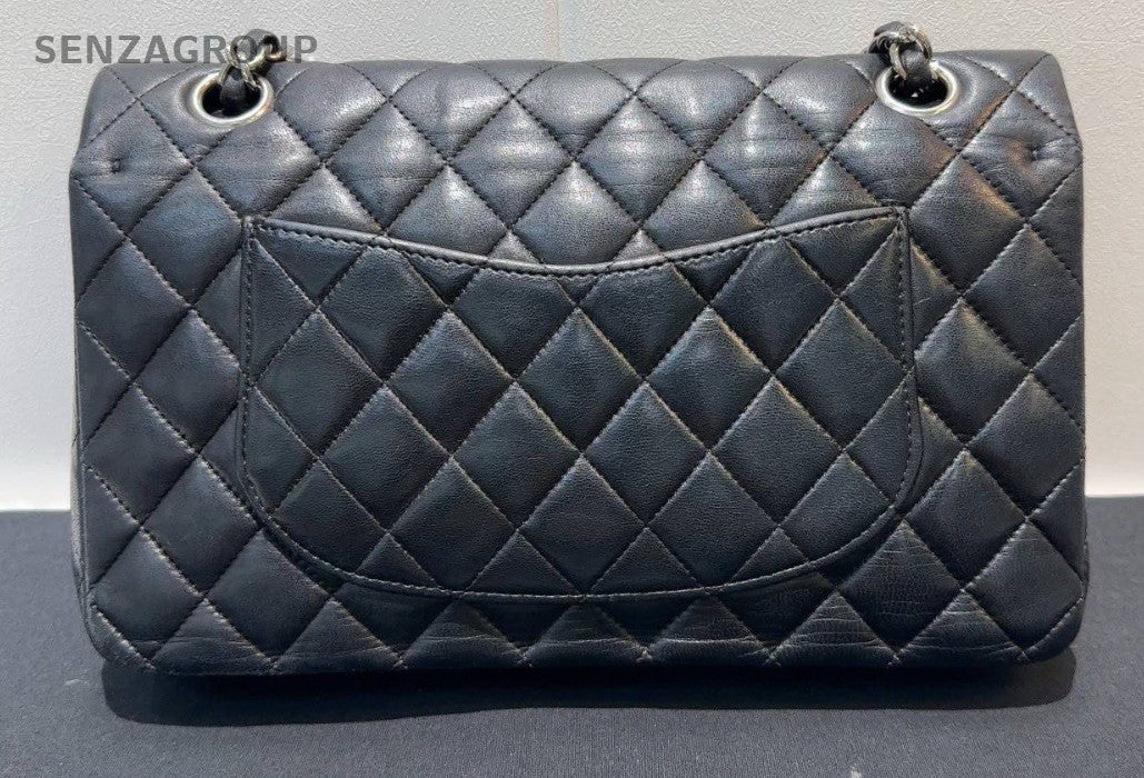 Chanel Classic Flap MM Lambkin Chain Shoulder Bag Black Silver Women Diamond