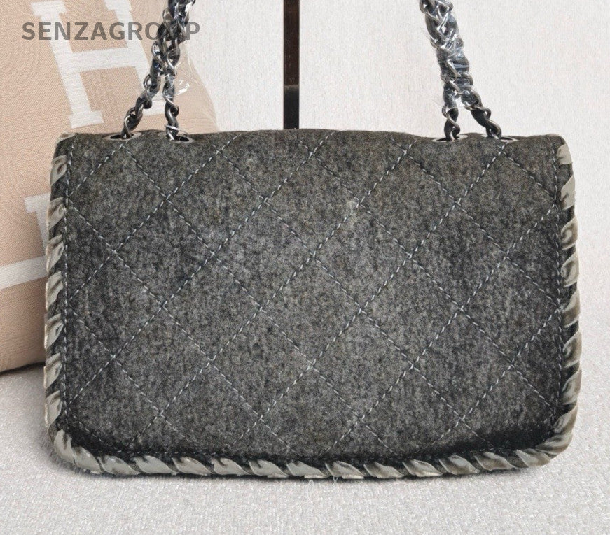 Chanel Classic Flap Velvet Woven Chain Shoulder Bag Crossbody Black Silver Women