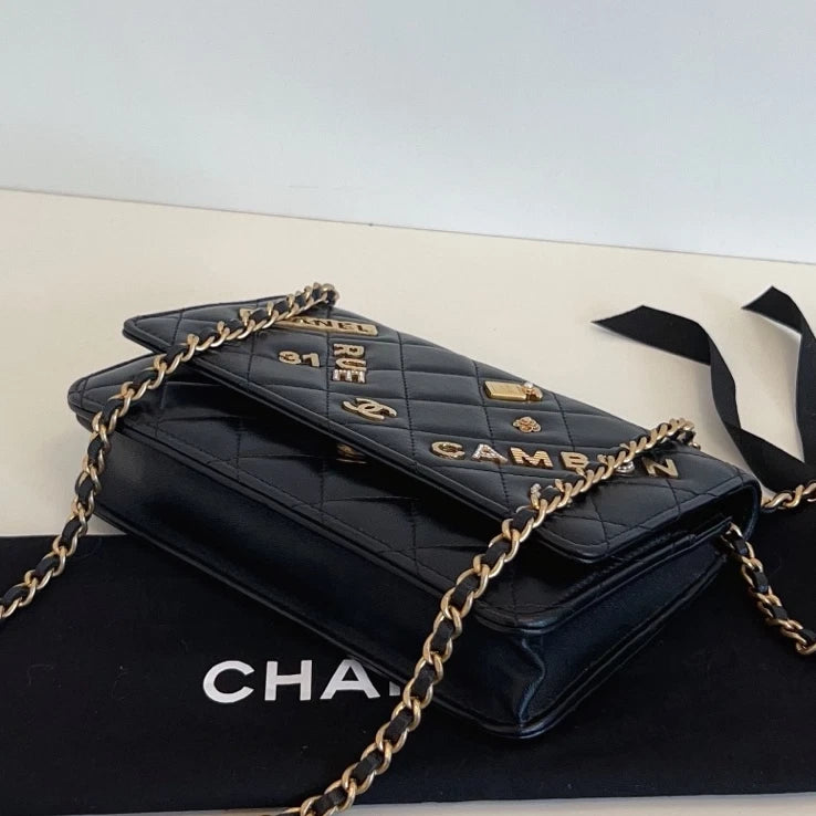 Authentic Chanel WOC Diamond Chain Black Shoulder Bag Crossbody Gold Hardware