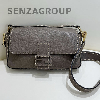 Fendi Baguette Medium Elephant Gray Gold Shoulder Crossbody Bag Women Classic