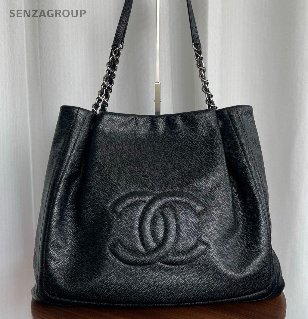 Chanel CC Logo Tote Calfskin Shoulder Bag Black Silver Used Women Classic