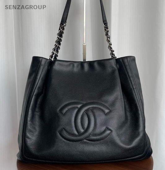 Chanel CC Logo Tote Calfskin Shoulder Bag Black Silver Used Women Classic