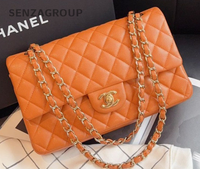 Chanel Classic Flap MM Diamond Chain Shoulder Bag Brown Gold Women Designer