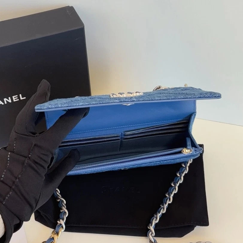Chanel 19Bag Denim Chain Top Handle Crossbody Blue Gold Used Women Classic