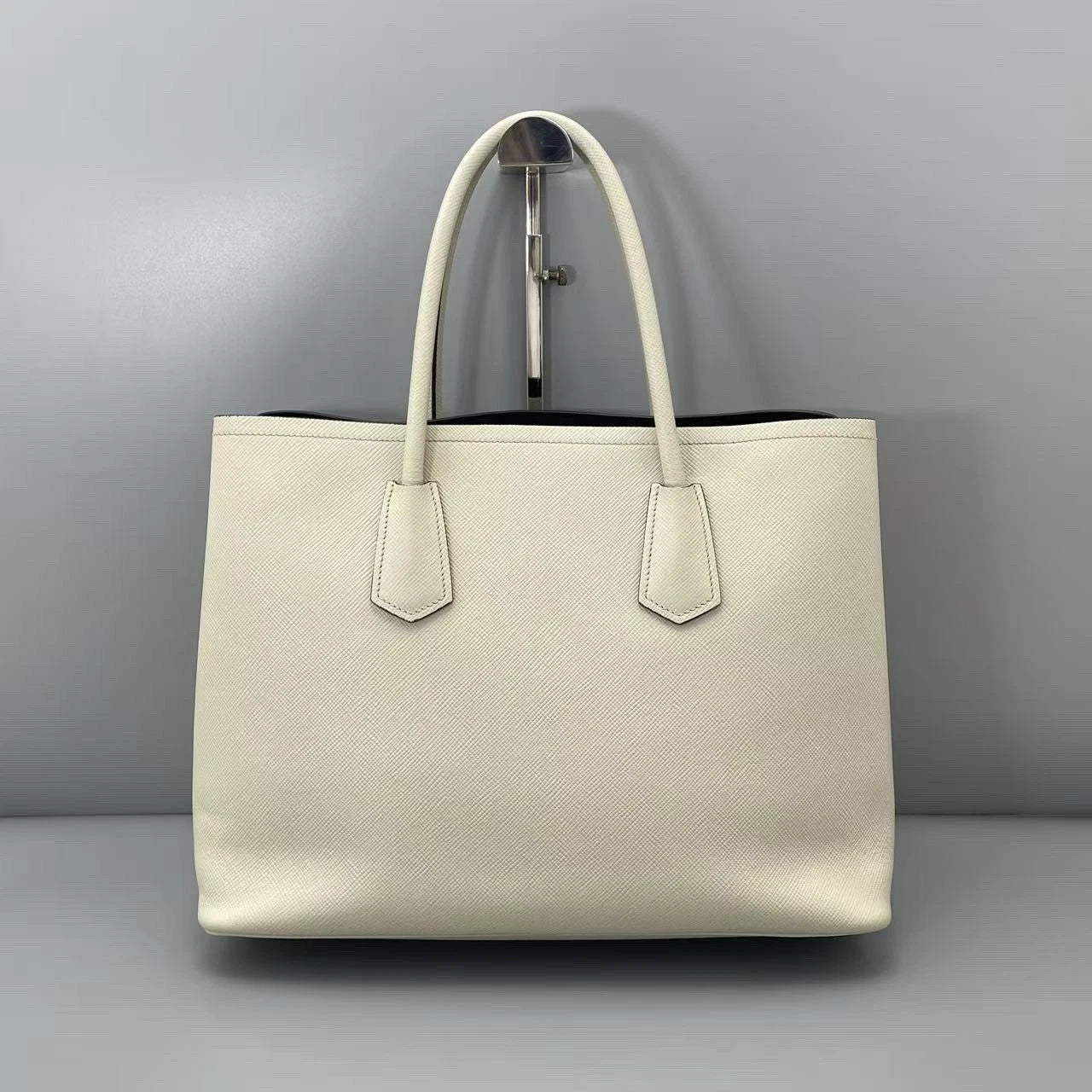 Prada Double Tote Top Handle Bag White Gold Hardware Women Classic