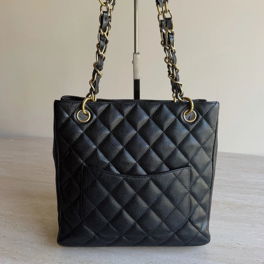 Chanel PST Calfskin Leather Black Tote Chain Shoulder Bag Diamond Gold Hardware