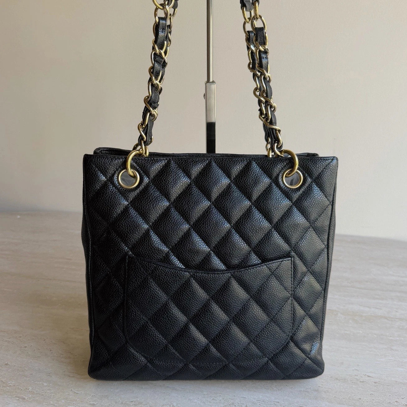 Chanel PST Calfskin Leather Black Tote Chain Shoulder Bag Diamond Gold Hardware