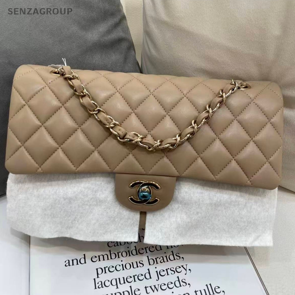 Chanel Medium Classic Flap Beige Lambskin Chain Shoulder Crossbody Bag