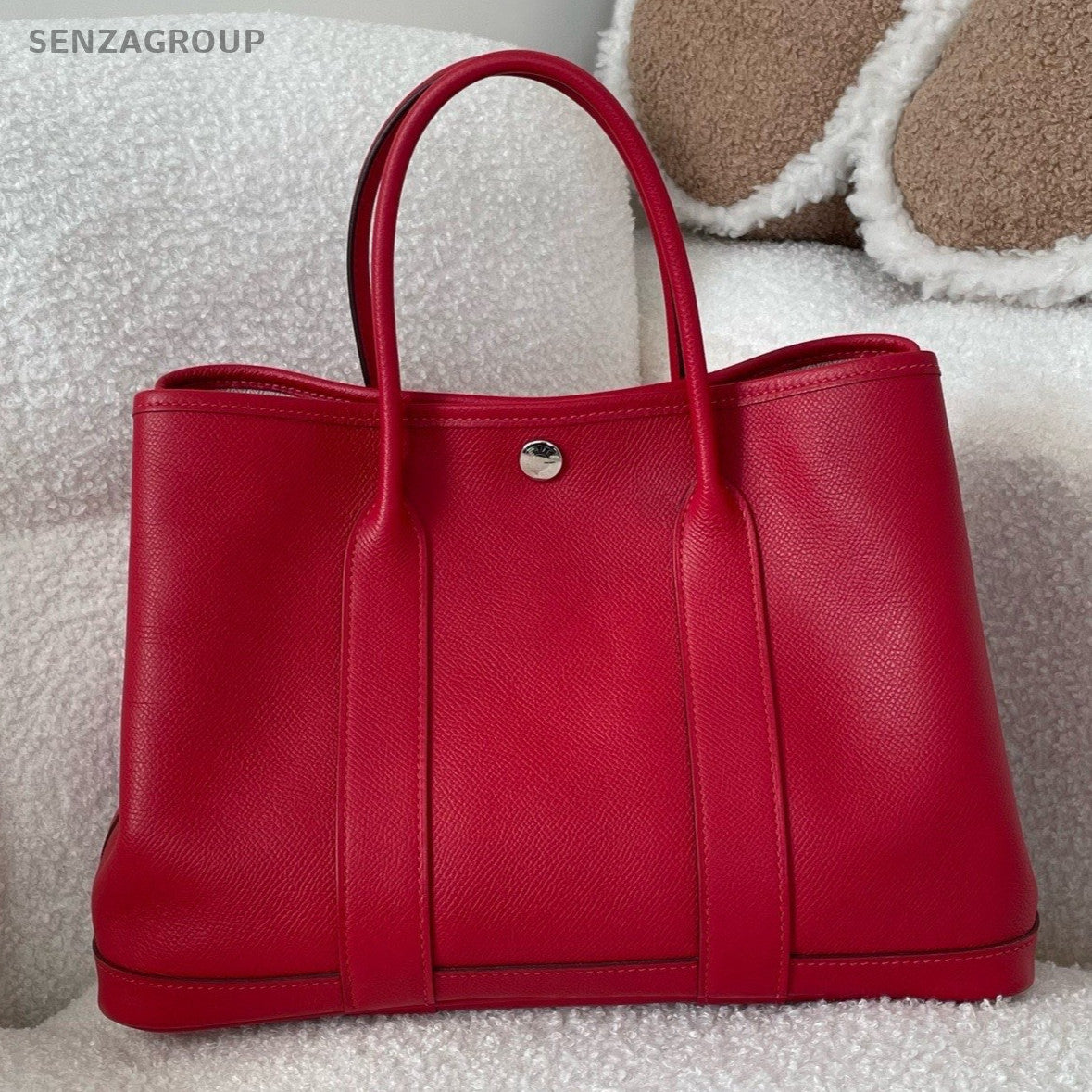 Hermes Garden Party30 Top Handle Bag Red Silver Used Women Classic Fashion