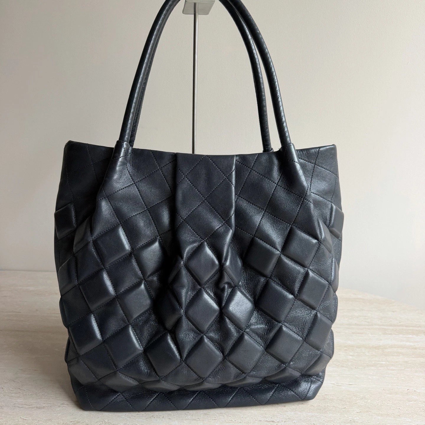 Chanel Diamond Calfskin Leather Black Tote Shoulder Bag Silver Hardware