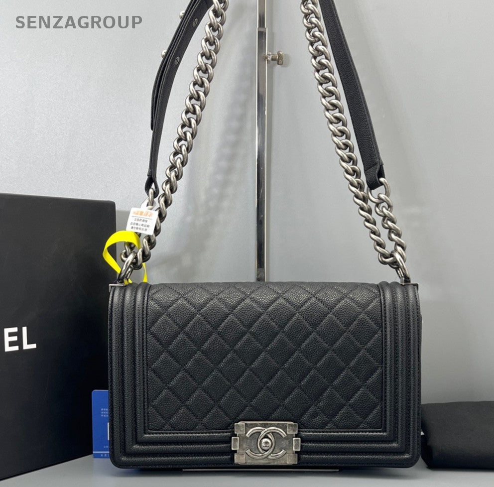 Chanel Leboy MM Chain Shoulder Bag Crossbody Black Silver Women Classic Diamond