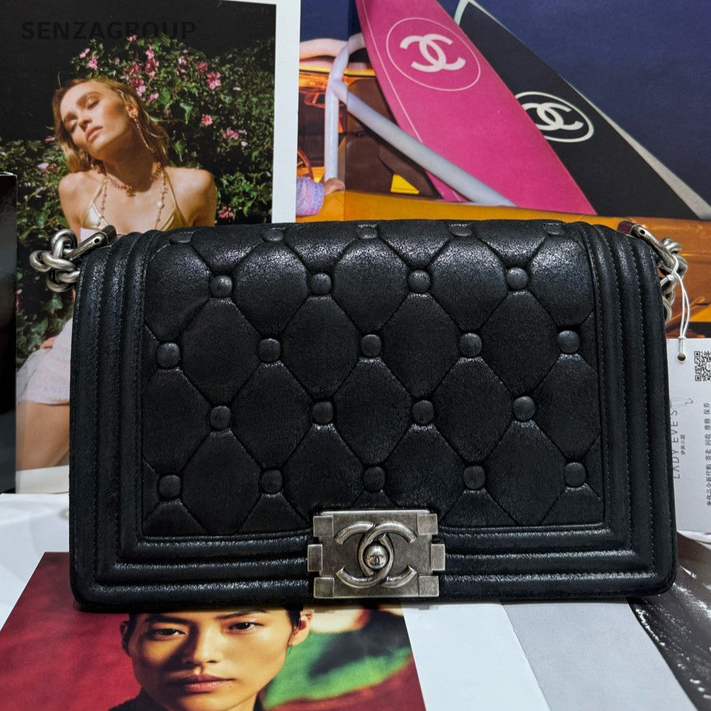 Chanel Le Boy Medium Black Silver Classic Chain Shoulder Crossbody Bag