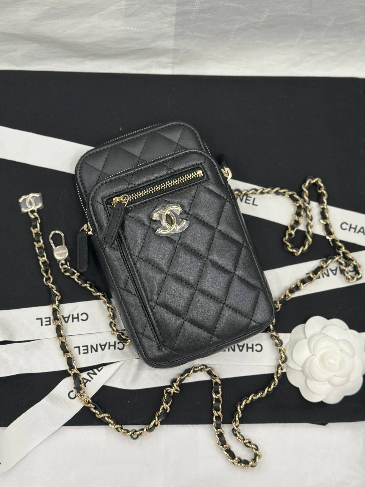 CHANEL Black Gold Lambskin Multi-card Chest Waist Bag For Women