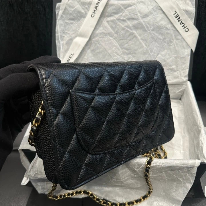Chanel WOC Diamond Chain Shoulder Bag Crossbody Black Gold Women Classic D