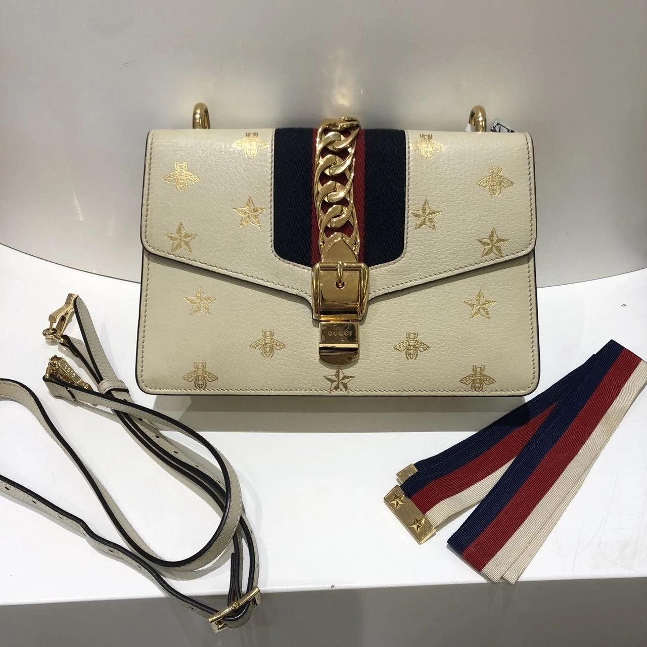 GUCCI White Medium Bee Shoulder Bag For Women